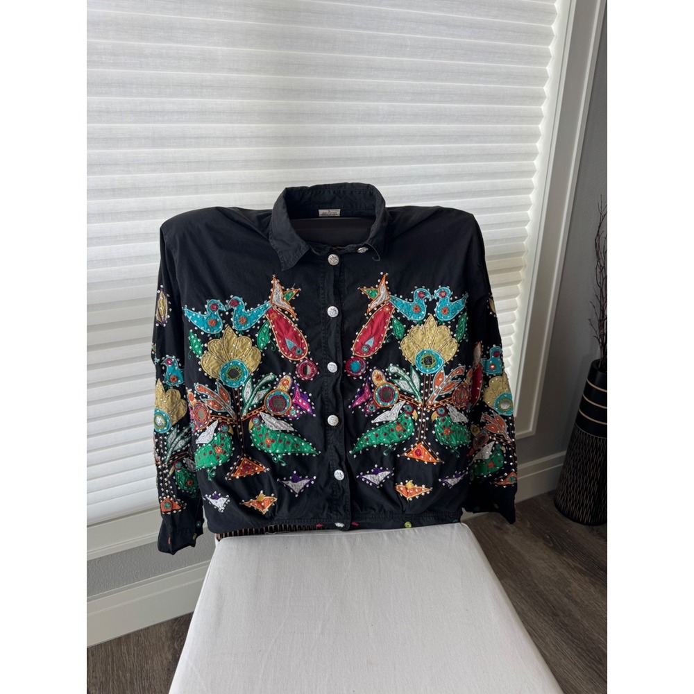 Vintage 80s 90s Embroidered Cotton Jacket Shirt Floral Beaded Boho Festival Sz L